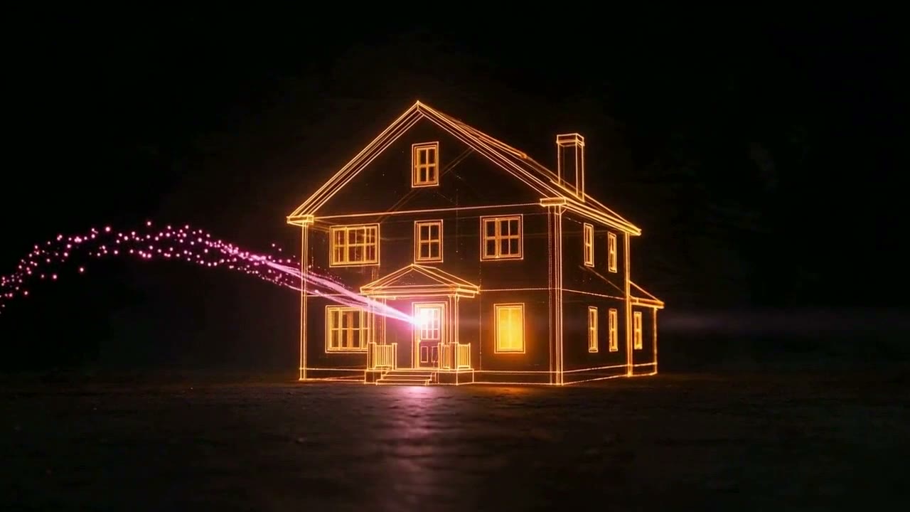 A home drawn as calm amber light-lines on a black field