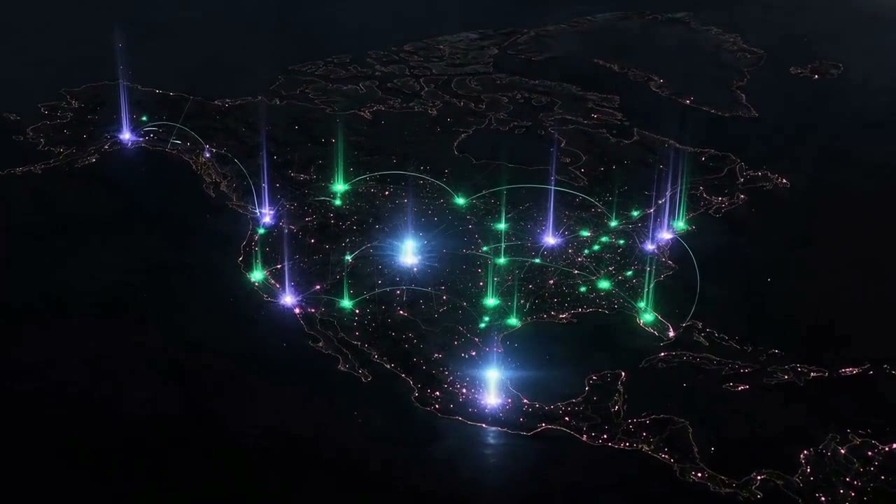 A continent drawn in light with tier-coloured nodes and arcs between them